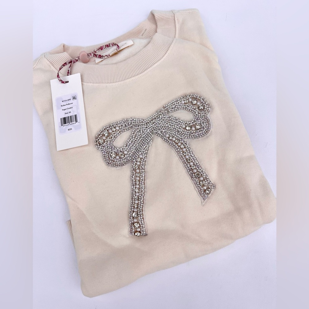 NEW LoveShackFancy Rylan Embellished Bow Cream Pullover Sweatshirt XS